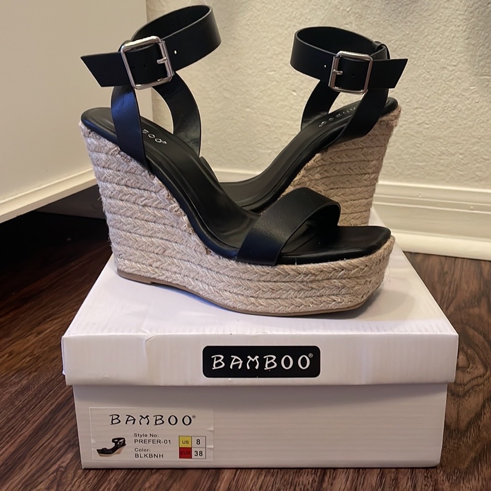 BAMBOO Black and Tan Wedge Sandals